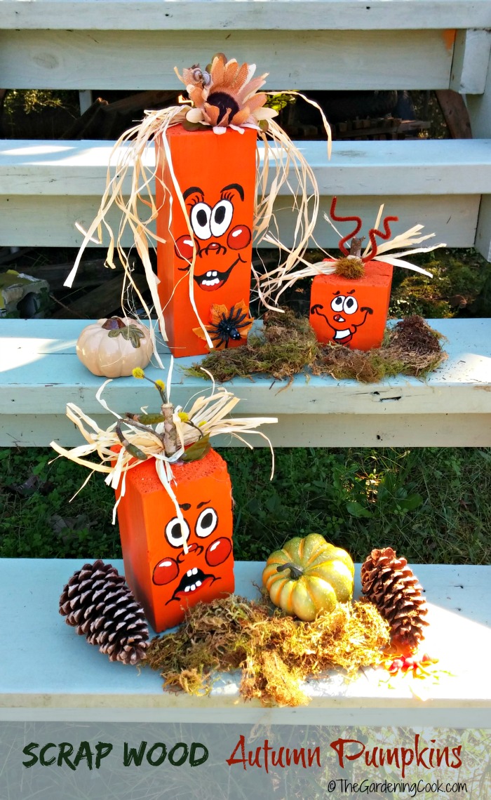 These DIY scrap wood pumpkins are easy to make, a lot of fun and add some great seasonal curb appeal to your front step. See my site for the tutorial as well as the free pumpkin face printable.. #reclaimedwood #scrapwoodpumpkins #halloweendecor