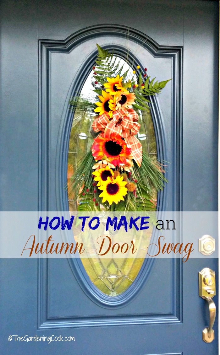 This autumn door swag decorates a glass panel on a front door so much better than a round wreath. It is much easier to make than you might think too!