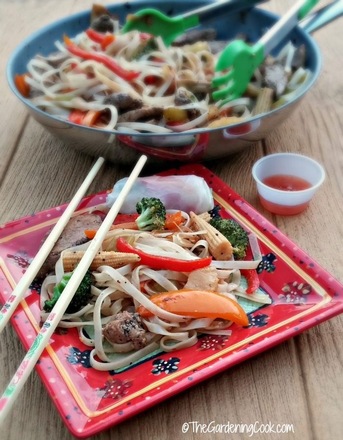 Spicy szechuan garlic pepper pork stir fry and vegetable spring rolls.