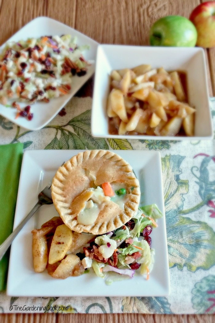 Chicken pot pie, tangy salad and cinnamon apples.