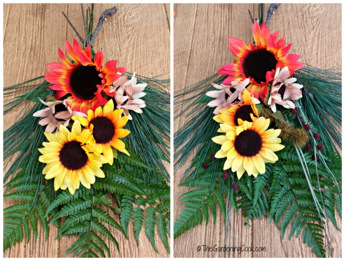 Add the sunflowers to the bases of the swags