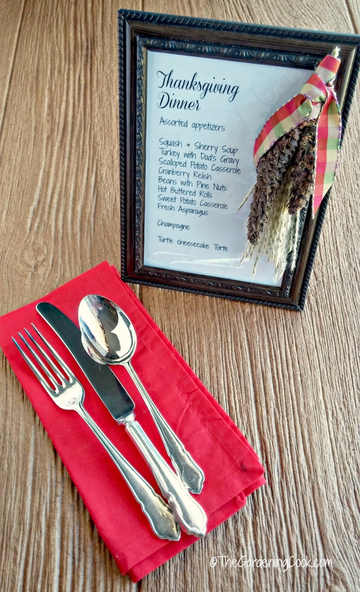This framed Thanksgiving menu is a tasteful and professional way to let your dinner guests know what will be on the menu for the holiday.