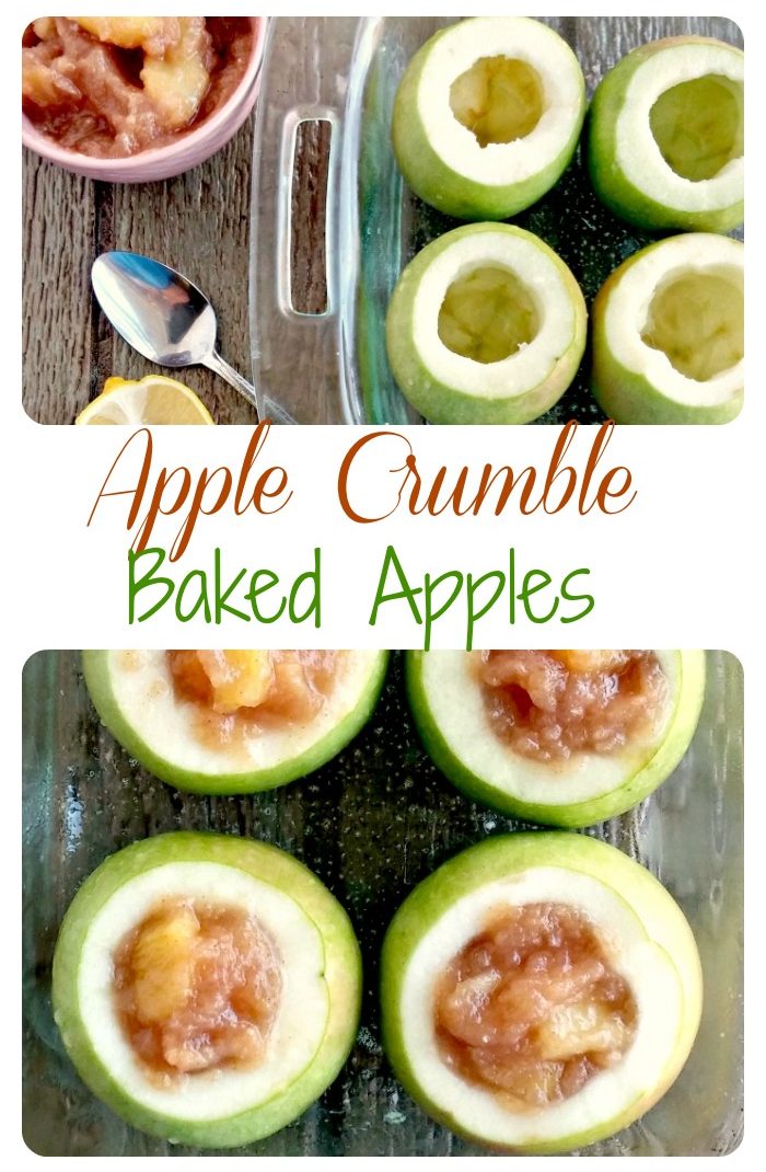 Apple crumble baked apple collage Cored apples and filled apples in a collage with words Apple crumble baked apples.