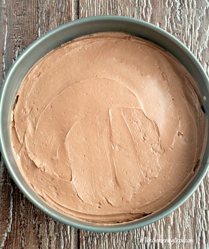 chocolate layer of the pumpkin cheesecake in a spring form pan.