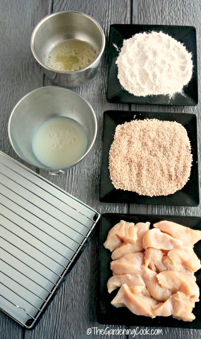 A dipping station makes oven fried chicken a cinch to prepare.