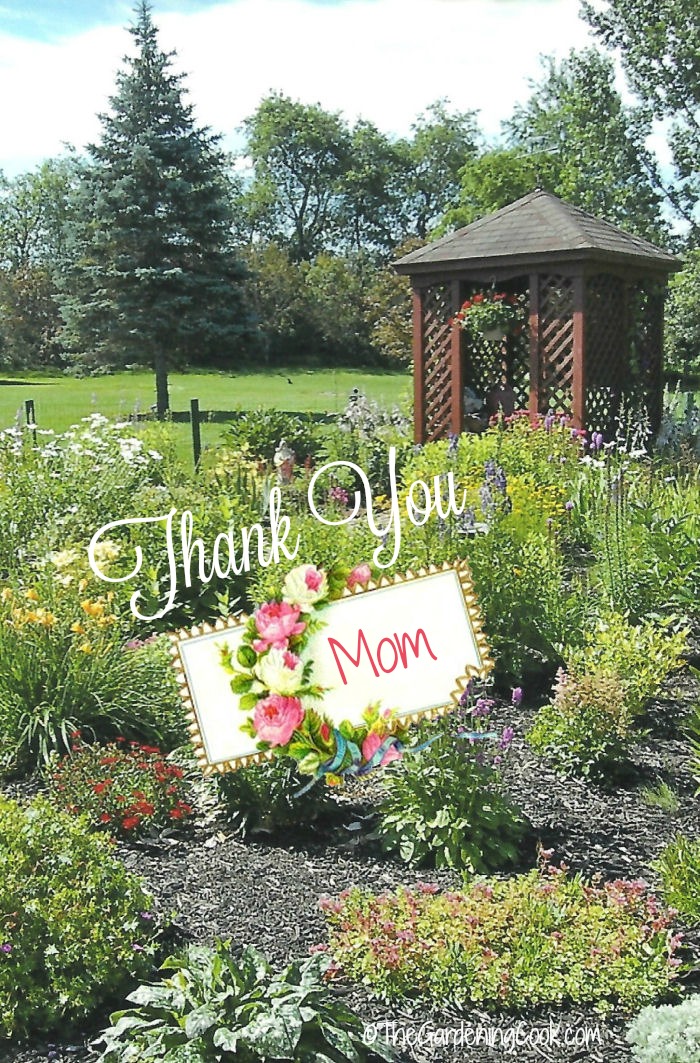 Gazebo in a garden with words Thank you mom.
