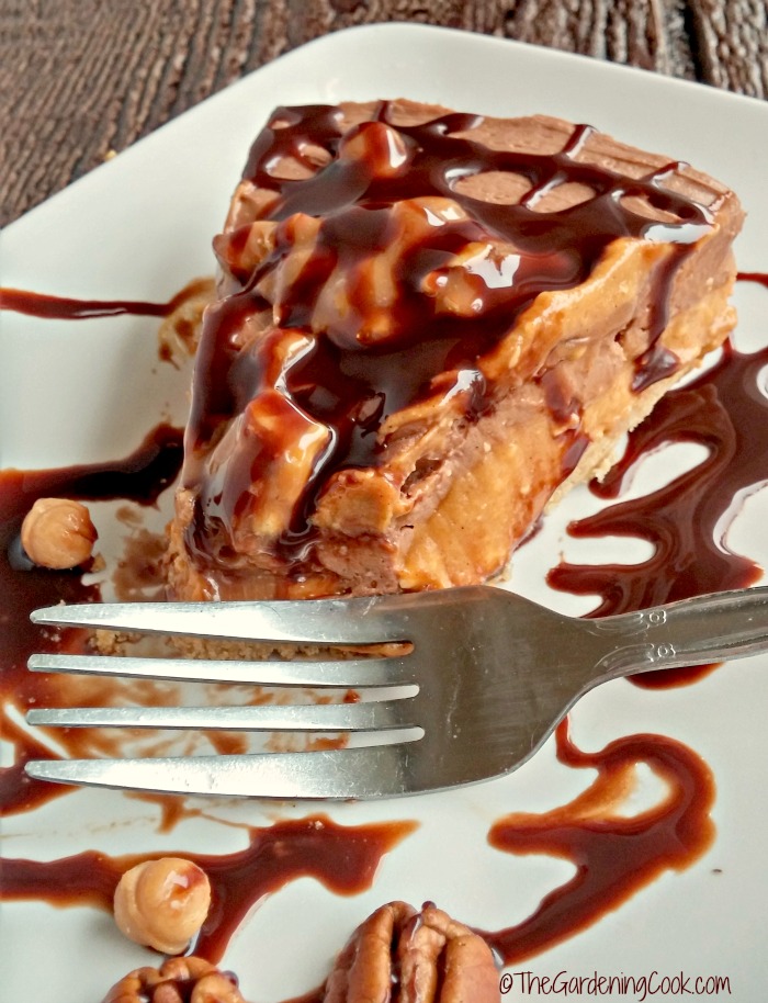 Slice of turtle chocolate pumpkin cheesecake with a fork.