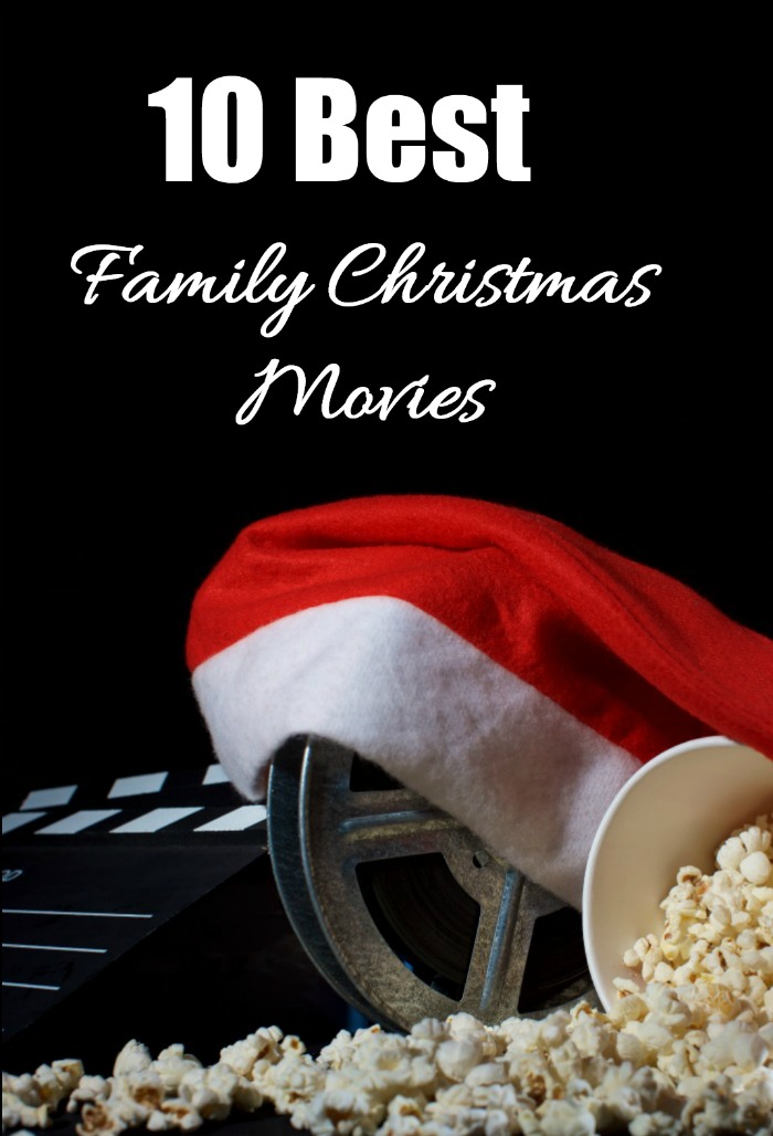 Santa hat, film reel and popcorn with the words reading "10 Best Family Christmas Movies."