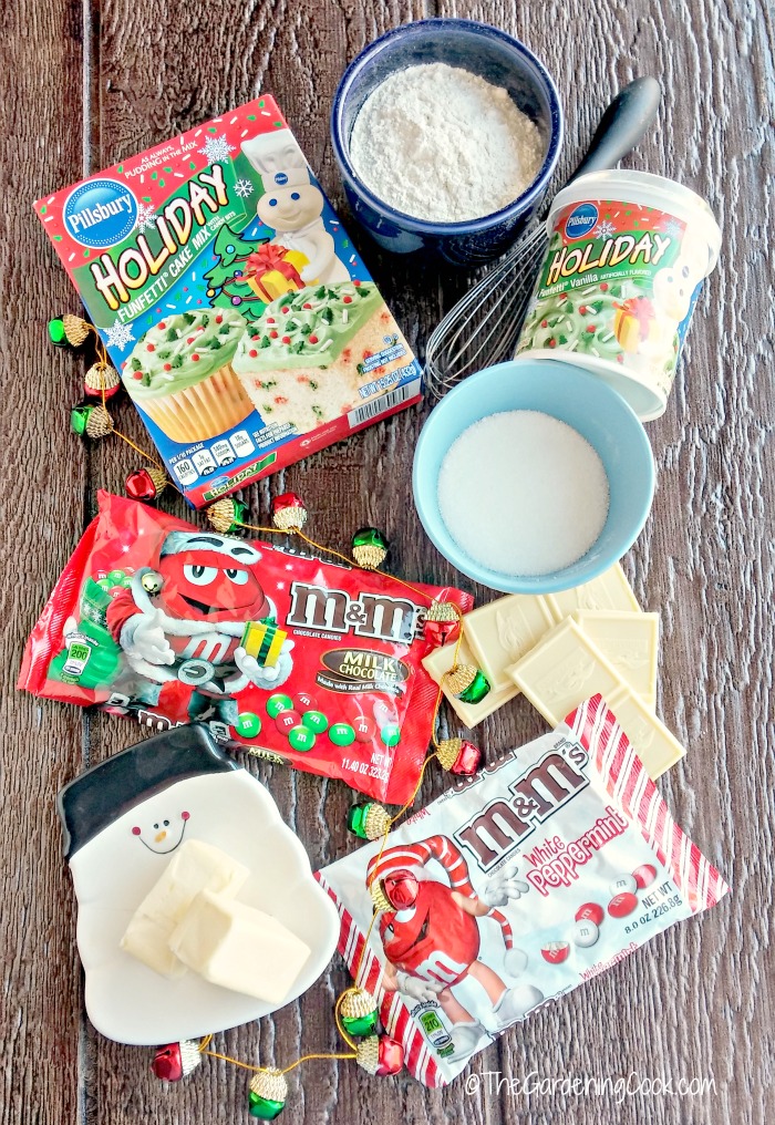 Funfetti cake mix, frosting tub, MMs butter, sugar and flour.