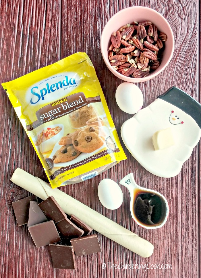Splenda, eggs, cookie dough, pecans, chocolate and dark corn syrup..