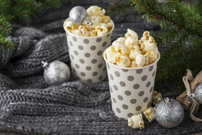 Popcorn in cups and Christmas ornaments