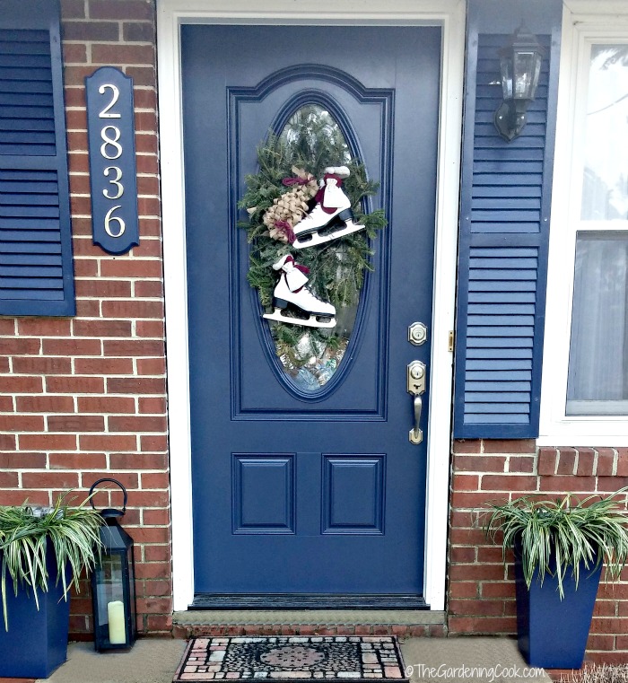 Front entry with Winter door swag makeover