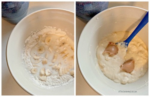 Making peanut butter banana Belgian Waffles