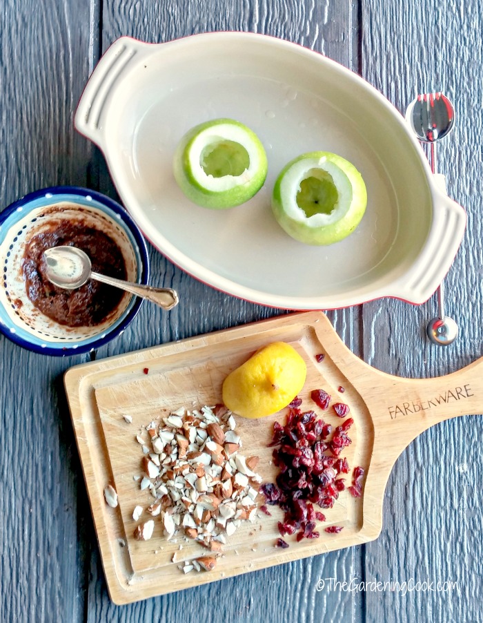 preparing the Paleo Nutella Cranberry Baked Apples