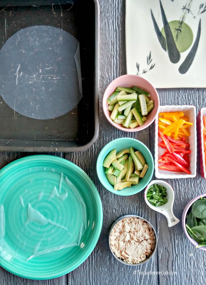 Work station for Albacore tuna rice paper spring rolls