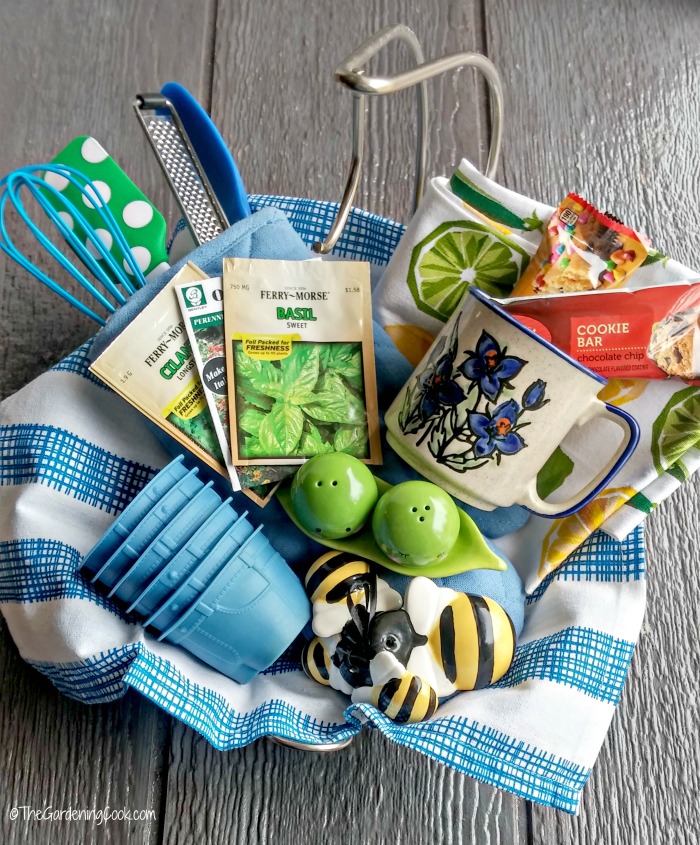 Whimsical and useful kitchen items fill the basket