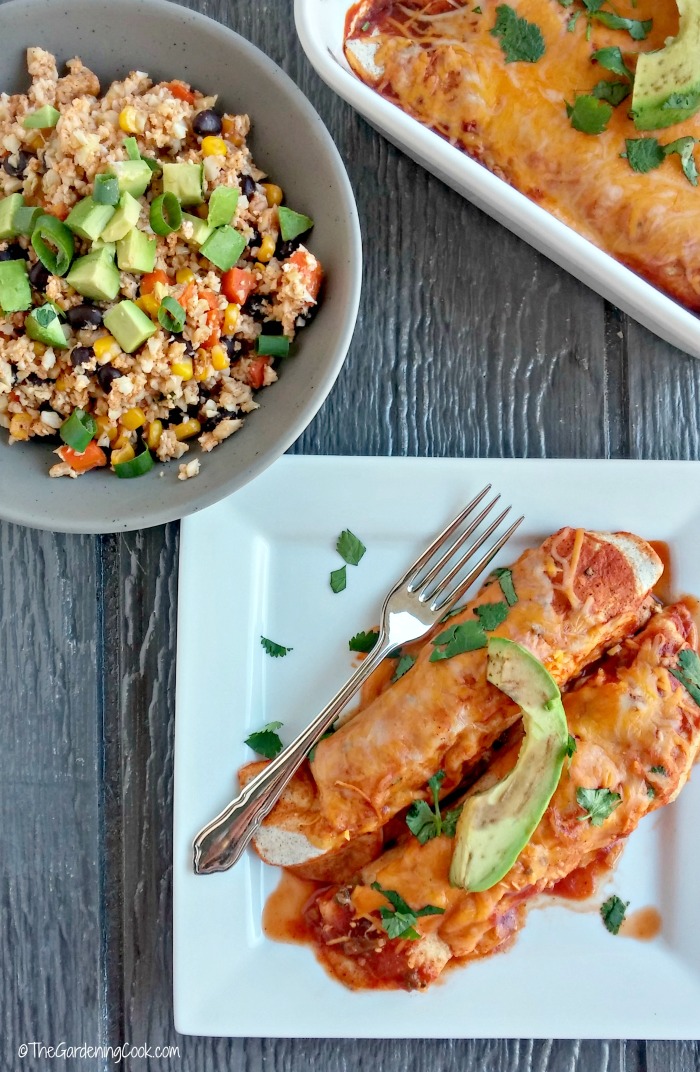 skinny ground turkey enchiladas and cauliflower Mexican rice