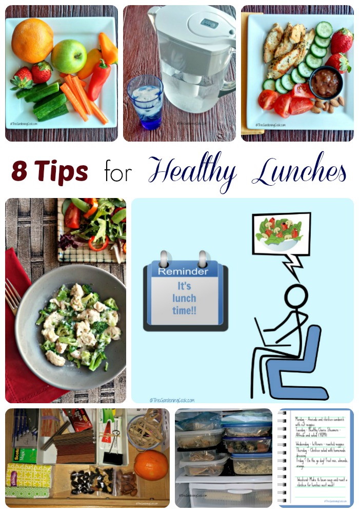 Collage with water picture, salads, vegetables, snacks and fridge foods in a collage with words reading 8 Tips for Healthy Lunches.