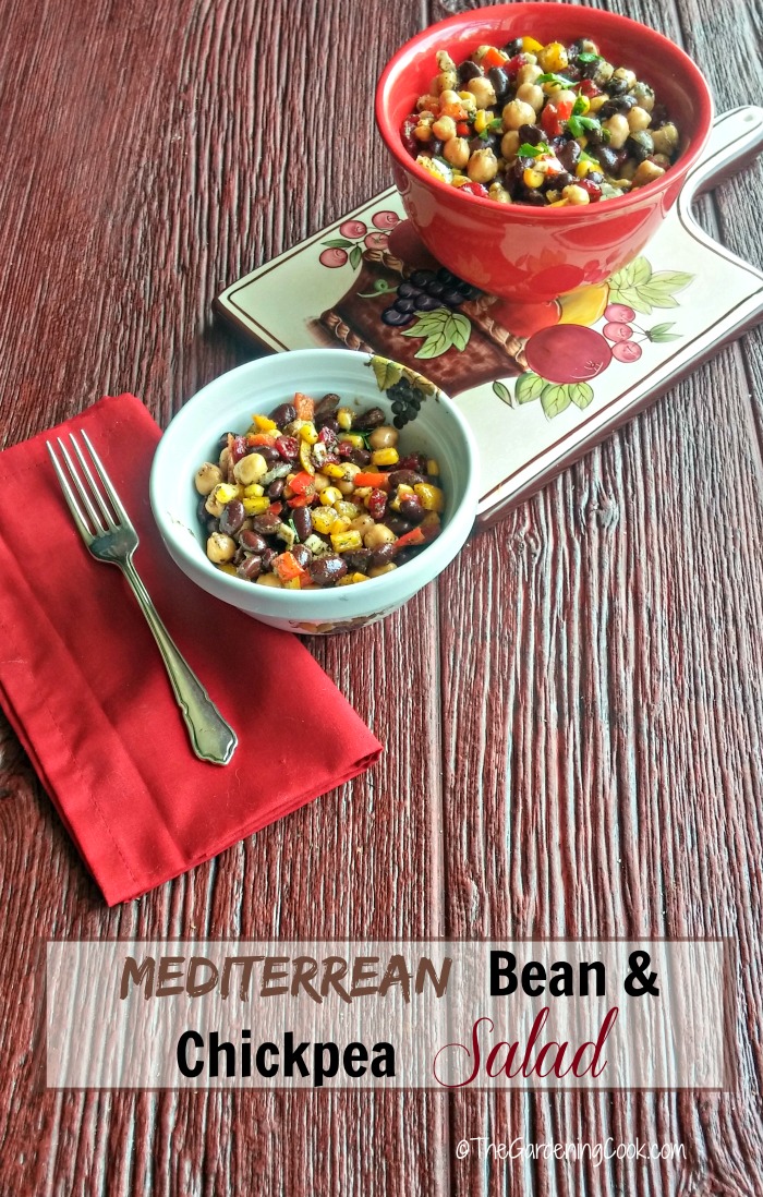 This Mediterranean bean & chickpea salad is chock full of healthy and delicious heart healthy ingredients. It is a cinch to make and tastes amazing. thegardeningcook.com