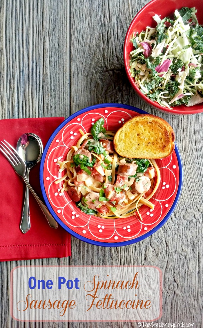 Sausage links with pasta and herbs in a red and blue bowl with words reading One Pot Spinach Sausage Fettuccine.
