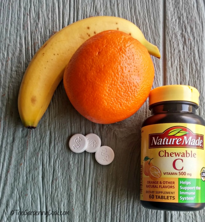 It would take over 7 oranges or 50 bananas to equal one Vitamin C chew-able tablet