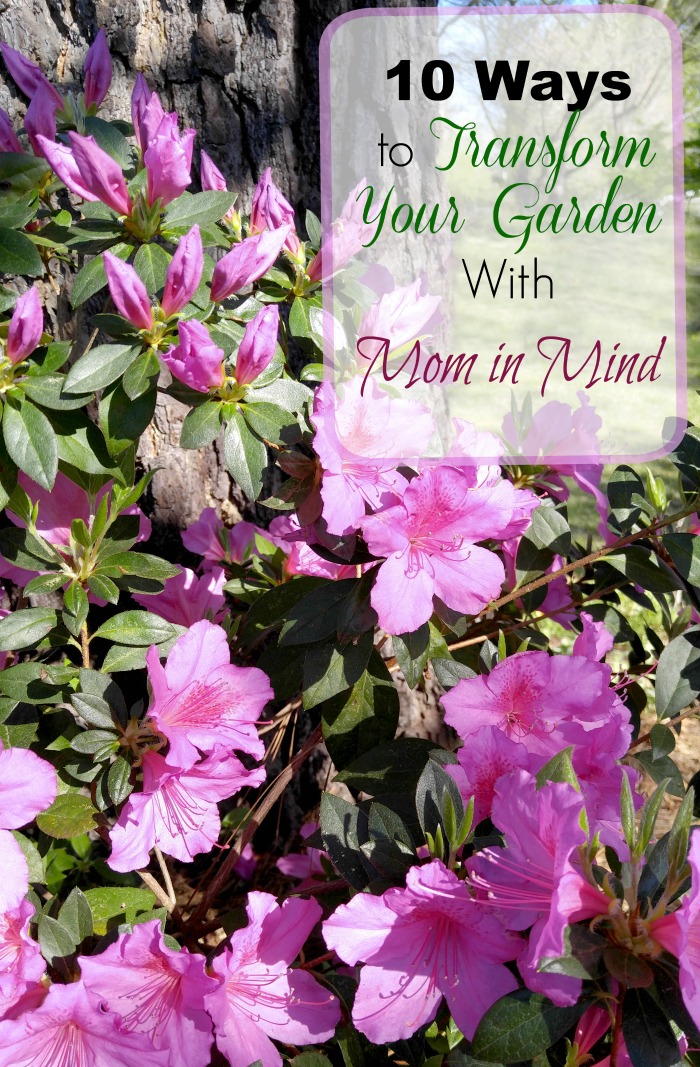 Pretty azalea flowers in bloom with over lay reading 10 ways to transorm your garden with mome in mine