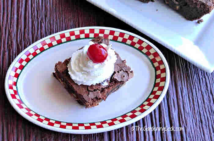 Diet Dr Pepper brownies and Brownie on a plate with whipped cream and a cherry.