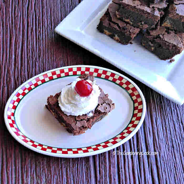 Brownie on a checked plate with whip cream and a cherry, near a plate of Diet Dr Pepper brownies.