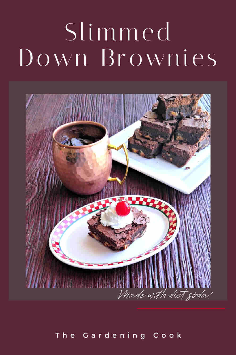 Brownies and a copper mug with words reading Slimmed down brownies.