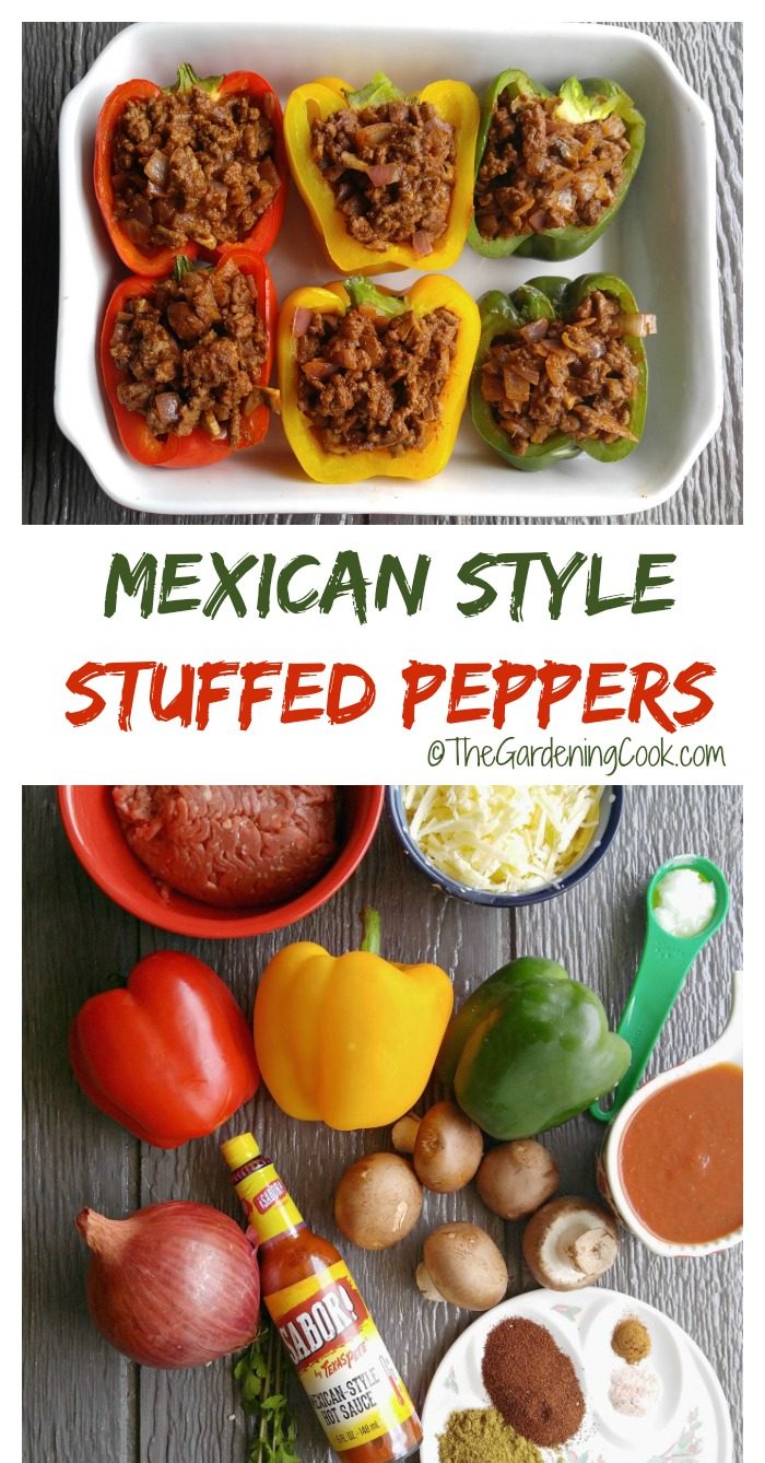 vegetables and peppers with stuffing in a collage with words Mexican style stuffed peppers.