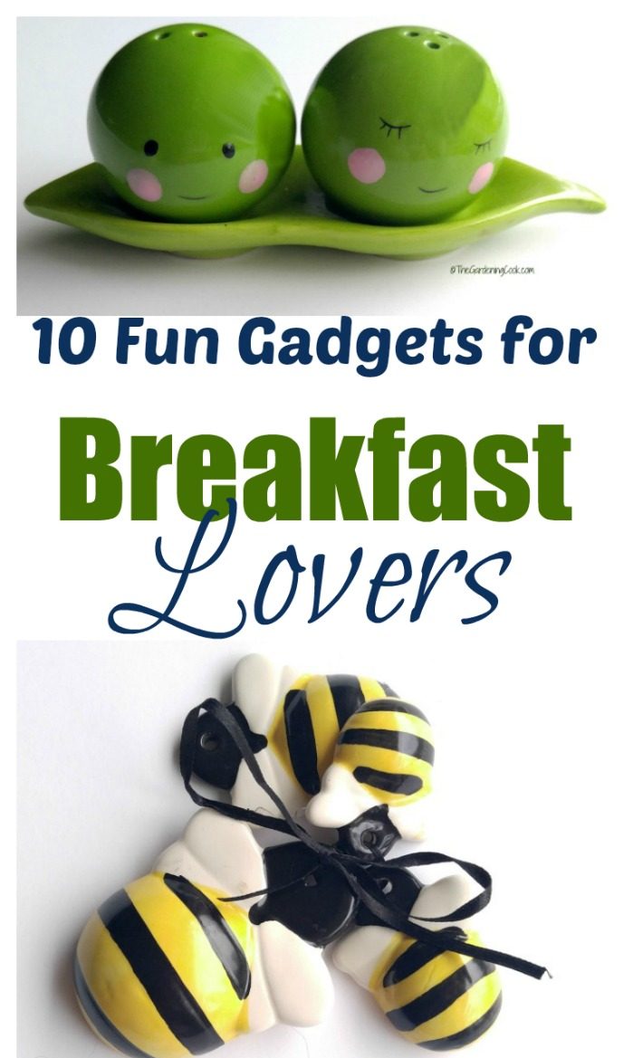 10 Fun Gadgets for Breakfast Lovers Salt and pepper shakers shaped like peas and measuring spoons shaped like bees with words reading 10 Fun Gadgets for Breakfast Lovers