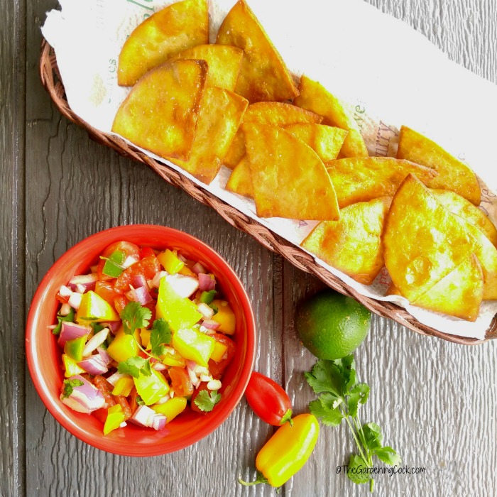 mango salsa and homemade tortilla chips