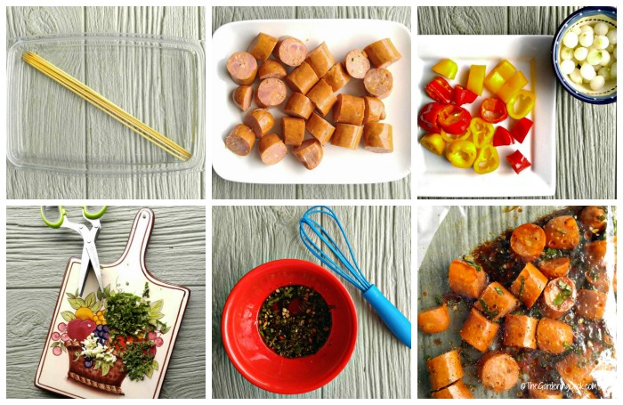 soaking kebab sticks, cut sausages, sliced peppers, herbs and scissors, whisk and sauce and cooking sausages.