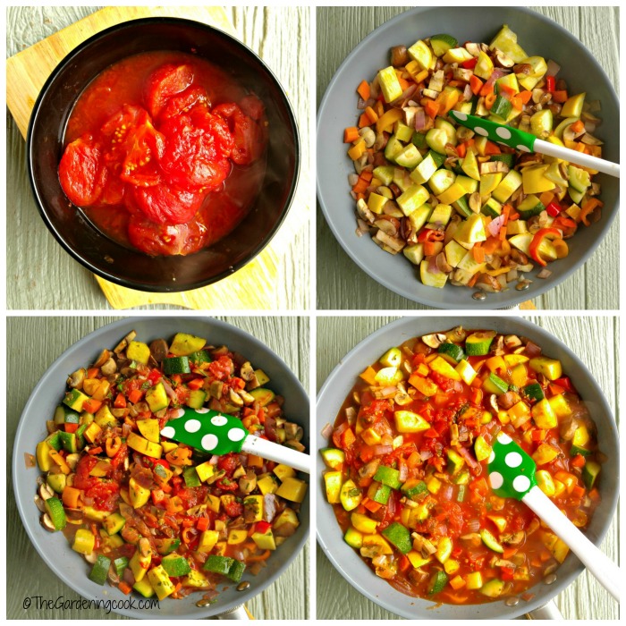tomatoes in bowls, alone and with vegetables to make a marinara sauce.