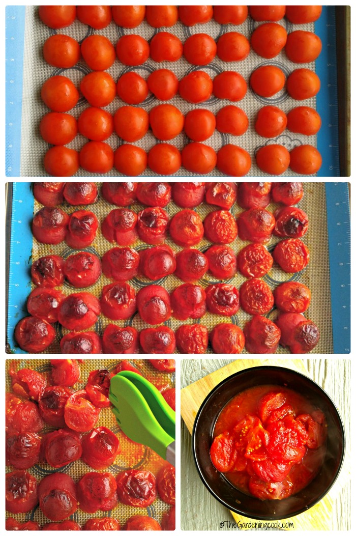 Roasting the tomatoes shown in a collage.