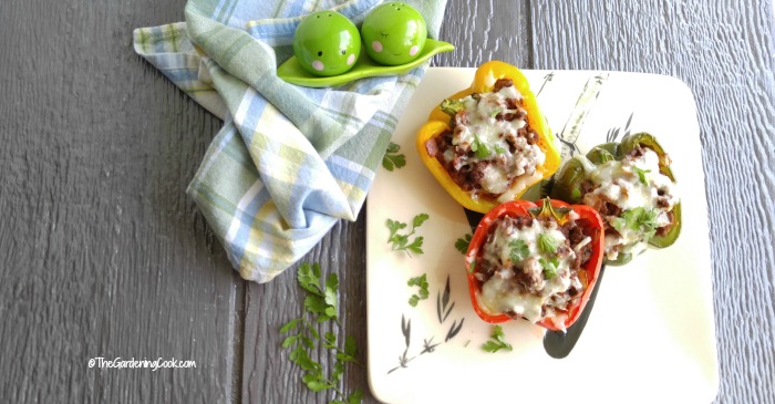 Mexican style stuffed peppers on a plate with herbs, pea salt and pepper shakers and blue towel.