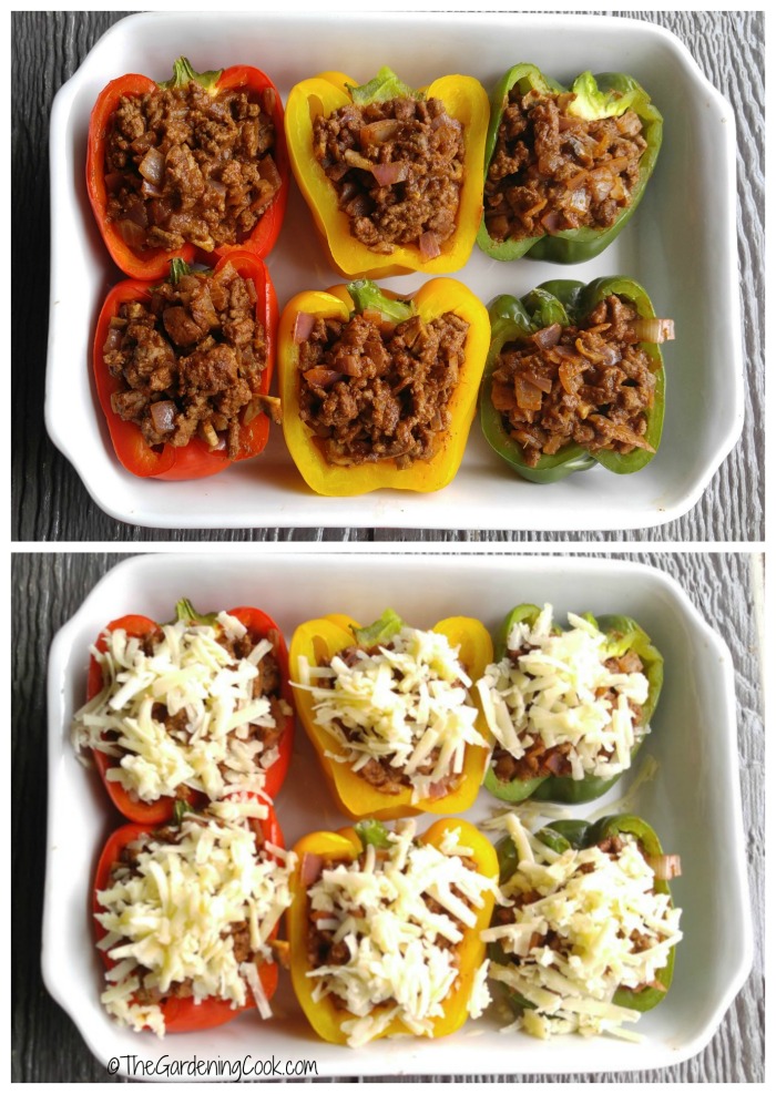 Mexican style stuffed peppers with cheese in a collage.