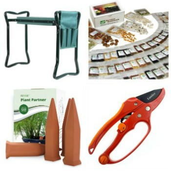Gardening kneeler, seed packages, plant spikes and ratcheting pruners.