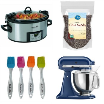 Crockpot, chia seeds, silicone brushes and blue Kitchen Aid mixer.
