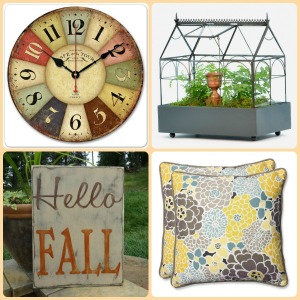 Farmhouse clock, terrarium, fall cushion and lawn cushions.