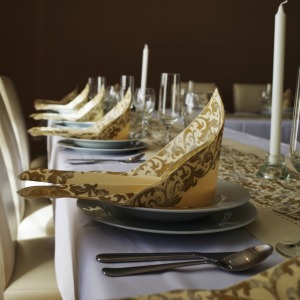 Row of plates and silverware with napkins.