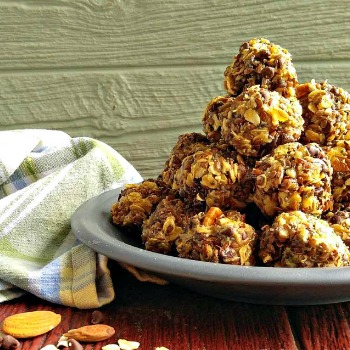 Granola and oatmeal balls in a gray bowl with a blue checked napkin.