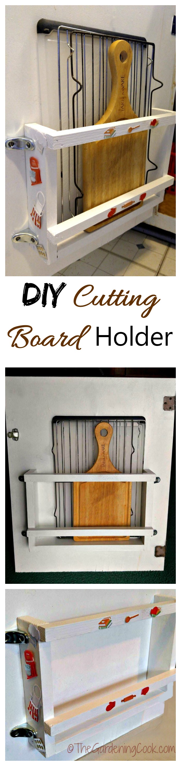 This DIY Cutting Board Holder for a Cabinet Door is simple to do and keeps baking racks and cutting boards out of site but easily accessible.