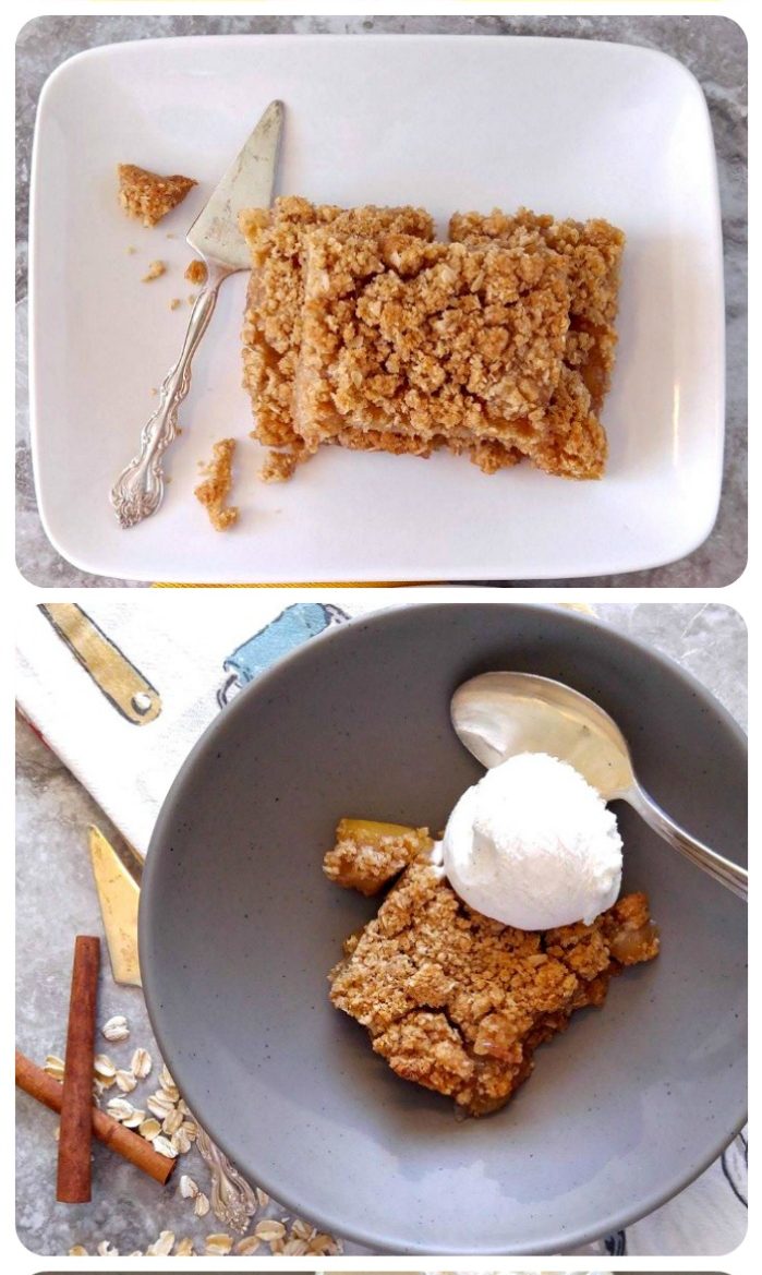 apple pie oatmeal bars with ice cream in a collage.