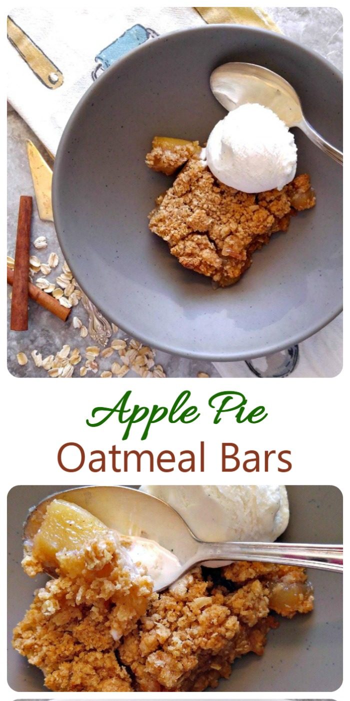 Slice with whipped cream and spoon and close up of the dessert with words reading apple pie oatmeal bars.