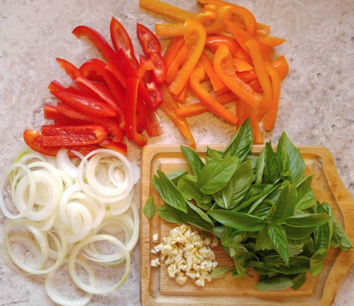 Basil and veggies for my sausage garlic Parmesan pasta