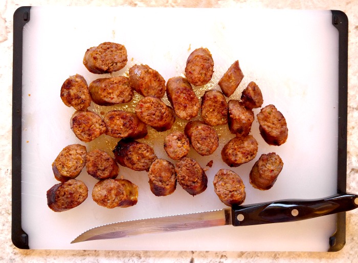 Cut the Johnsonville mild Italian sausages into rounds