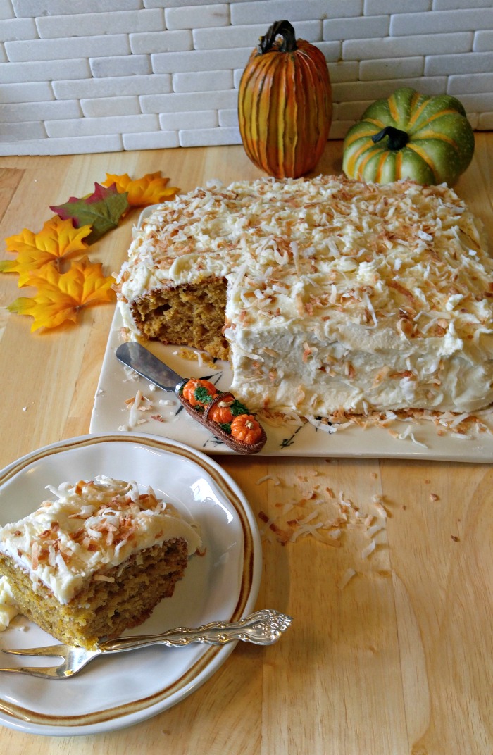 Faux pumpkins with pumpkin cake with toasted coconut frosting.