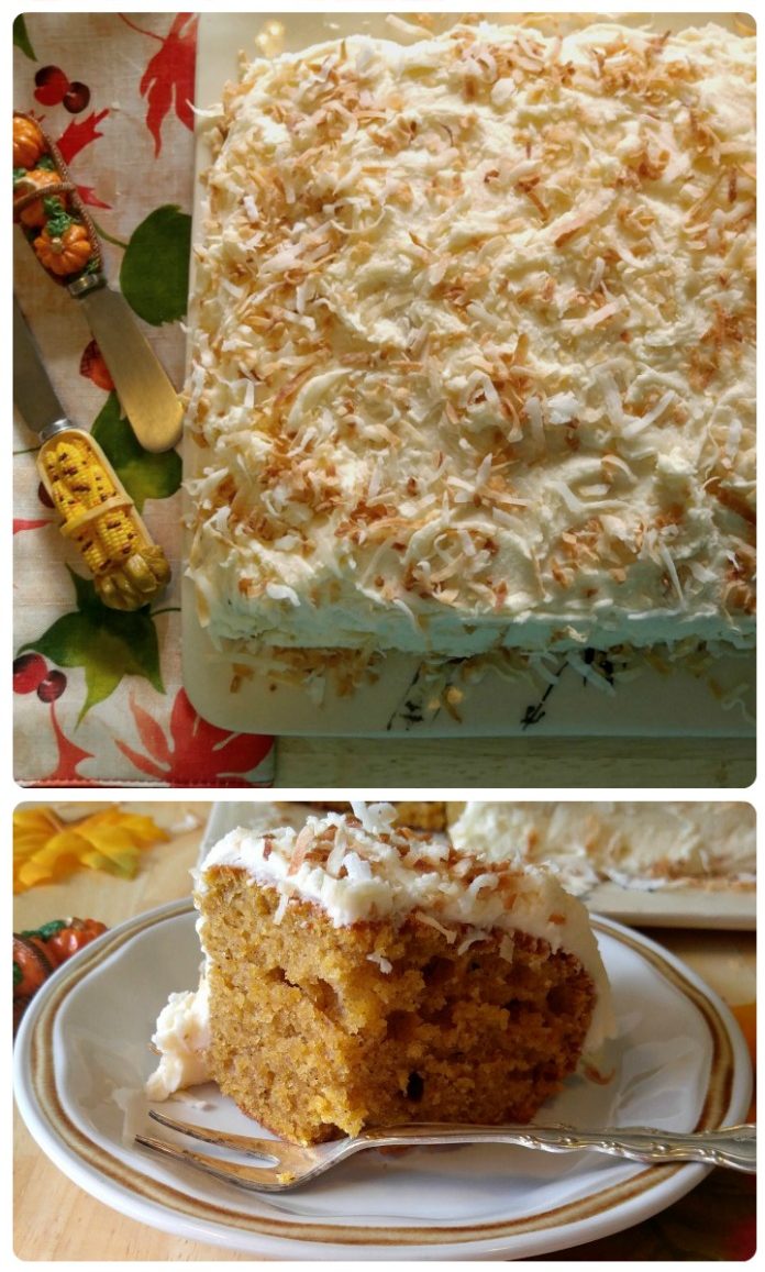 Pumpkin cake with toasted coconut icing on a plate with a fork.