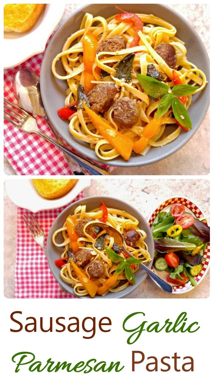 Sausage meatballs with herbs, vegetables an pasta and words reading Sausage Garlic Parmesan Pasta.